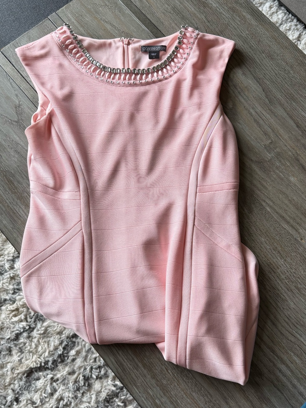Covington Pale Pink Jewel-Embellished Sleeveless Bandage Dress